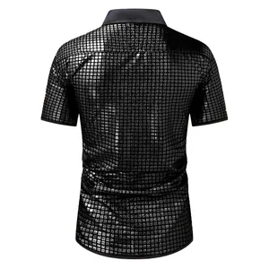 Back view of men's short-sleeved shirt with shiny black metallic grid pattern texture