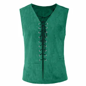Gilet de style Renaissance médiévale à lacets en suédine verte pour spectacle