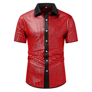Detailed shot of men's red shiny grid shirt with black collar and buttons