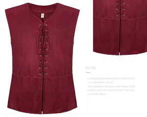 Gros plan d'un gilet médiéval en daim bordeaux avec laçage frontal et texture douce.