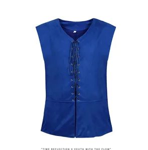 Gilet de pirate bleu à lacets de style Renaissance médiévale pour hommes en suédine