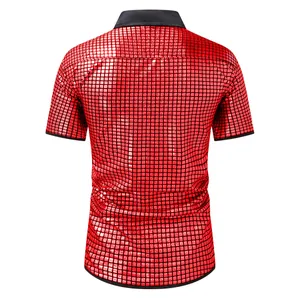 Detailed back view of red metallic grid short sleeve shirt with black collar and trim