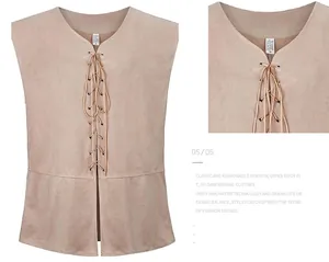 Vue détaillée du gilet steampunk médiéval à lacets montrant la texture en daim beige