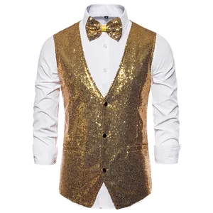 Close-up detail of a shimmering gold sequined vest for men's stage performance.