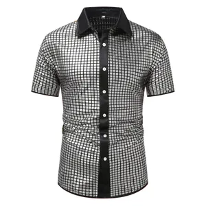 Men's silver checkered shiny short sleeve button-down shirt for cosplay and parties.
