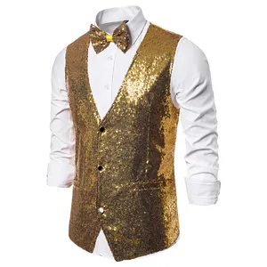 Macro view of glittering gold sequins on a men's performance stage vest