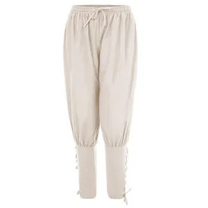 Men's medieval pirate style casual trousers with lace-up ankle cuffs in beige cream
