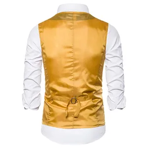 Back view of gold shiny men's performance vest with an adjustable waist strap buckle.