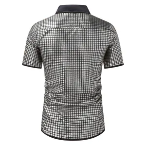 Back view of a shiny silver grid pattern men's short-sleeve cosplay shirt with black collar