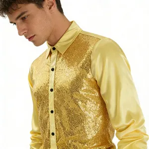 Detailed view of a shiny gold sequin shirt with smooth satin sleeves for performance and parties