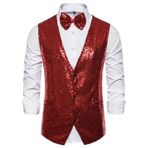 Detailed view of shiny red sequined vest and matching bow tie for stage performance