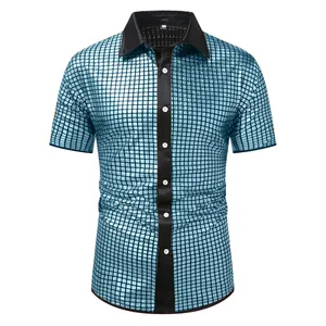 Men's shiny metallic blue grid short sleeve button-up shirt for party or cosplay events