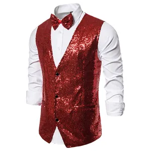 Detailed view of a shiny red sequin vest for men's stage performances and gala events