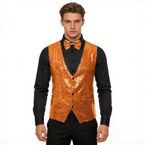 Close-up of men's shiny orange sequin vest set with matching bow tie for stage performance.