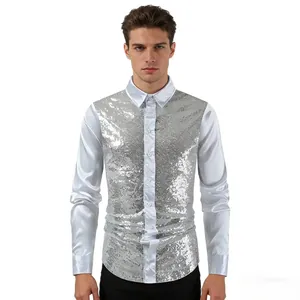 Men's stylish silver sequin button-up shirt with shiny satin sleeves for party performance