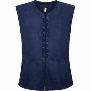 Gilet steampunk pirate de la Renaissance médiévale pour hommes avec laçage bleu foncé devant