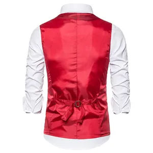 Back view of a red stage performance vest with adjustable waist strap detail