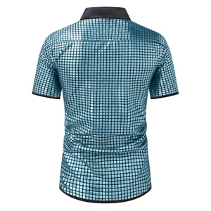 Back view of a men's shiny light blue grid pattern short sleeve button-down shirt