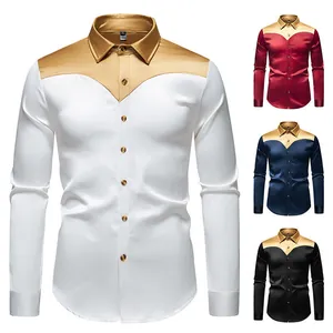 Camicia da Uomo in Raso Patchwork Manica Lunga Setosa Casual Blocchi di Colore Camicia alla Moda Lucida Party Top