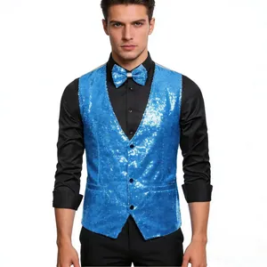 Detail view of men's sparkling blue sequin vest set with matching bow tie for stage
