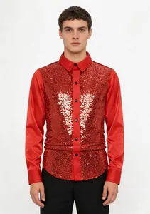 Front view of men's red long sleeve shirt featuring shimmering sequins for stage dance