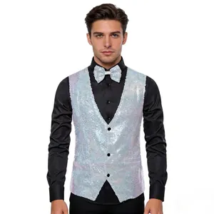 Detail showing men's sparkling iridescent white sequin vest with a matching bow tie.