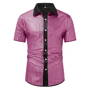 High-quality close-up of pink shiny grid pattern on men's short-sleeve party shirt.