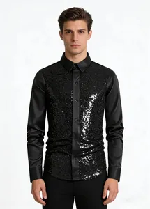 Professional studio shot of a men's black sequined long-sleeved shirt for nightclub dance