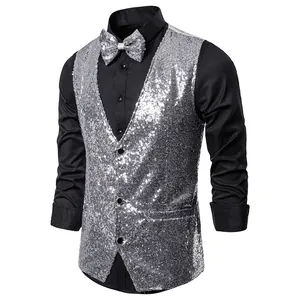 High-quality close-up of a shimmering silver sequined men's vest and matching bow tie set