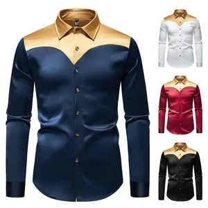 Camicia da uomo in raso a maniche lunghe con carré colorblock dorato in vari colori