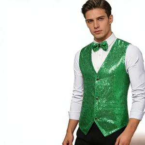 Detailed view of men's shiny green sequin vest with a matching bowtie for shows