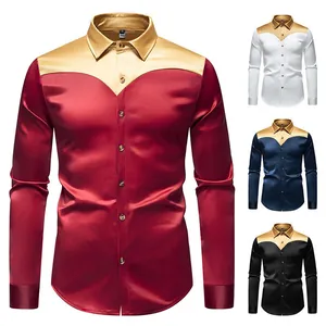 Camicie da uomo in raso di seta con design color-block in diverse opzioni di colore
