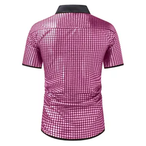 Back view of pink shiny metallic grid short sleeve shirt with black collar and trim