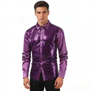 Front view detail of a men's stylish purple sequin long-sleeve dance shirt