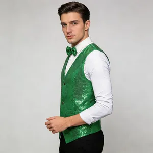 Professional side detail of green sequined men's stage vest and matching bow tie