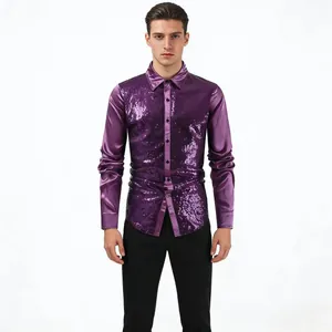 Close-up of a stylish purple sequin and satin long-sleeved shirt for men