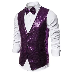 Sparkling purple sequin men's performance vest with matching bow tie for stage events