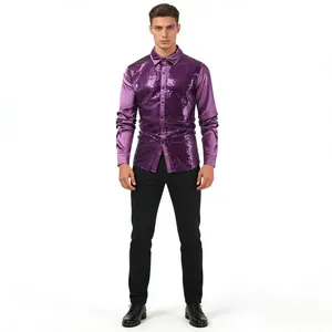 Full-body view of a stylish purple sequin dance shirt with long satin sleeves