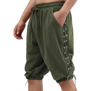 Pantaloni casual da uomo medievale vichingo pirata verde oliva con lacci laterali