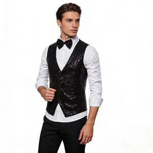 Detail of men's black sequined stage performance vest with matching bow tie ensemble.