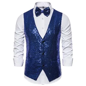 Close-up of blue sequined vest and matching bowtie for men's stage performance