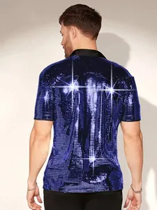 Back view of a men's shiny blue sequined short-sleeved shirt for cosplay parties