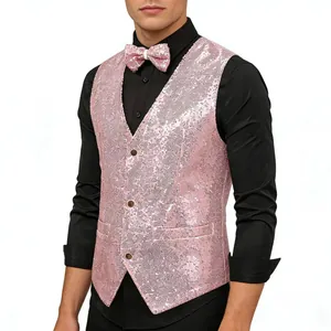 Detailed close-up of men's pink sequin vest with matching bowtie for stage performance attire.