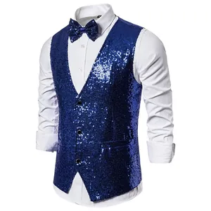 Royal blue sparkly sequined men's stage performance vest with matching bow tie accessory