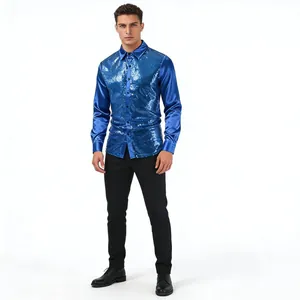 Men's stylish blue sequined shirt for nightclub and dance performances shown on model