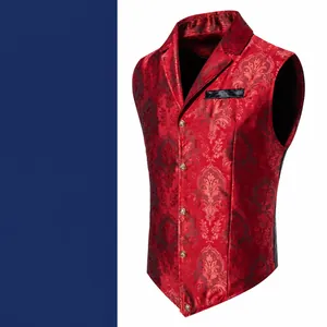 Κόκκινο ζακάρ ανδρικό γιλέκο κοστουμιού slim fit με πέτο και χρυσά κουμπιά για γιορτές