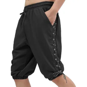 Pantaloni medievali da pirata vichingo per uomo neri con lacci e coulisse in vita