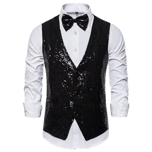 Elegant men's black sequin vest for stage performance with matching bow tie accessory