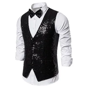 Close-up detail of a black sequin vest for men's stage performance attire.