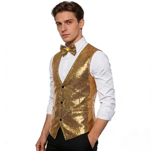 Detail view of men's sparkling gold sequin stage performance vest with matching bow tie
